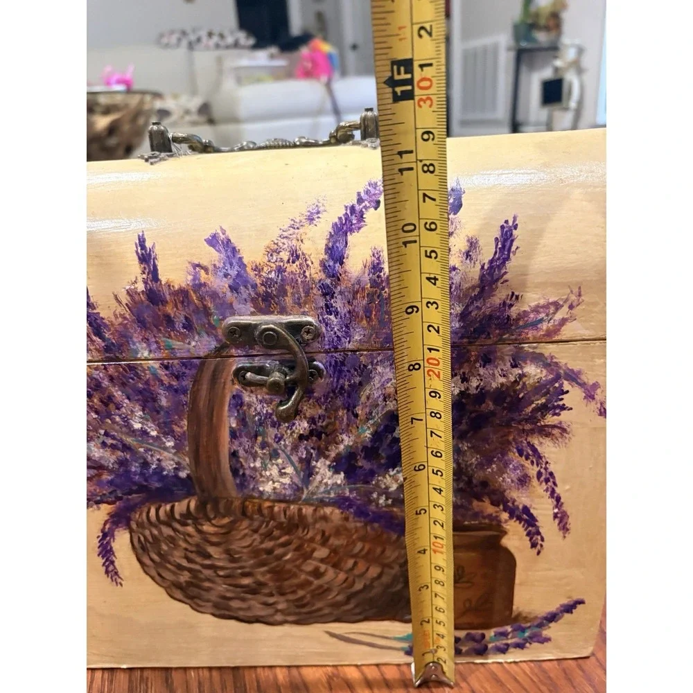 Handpainted CottageCore Storage Box Lavender Floral Metal hardware